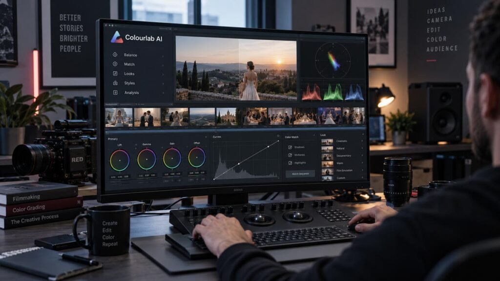 Mai multe cadre video comparate pentru corectarea și potrivirea culorilor într-un workflow de color grading