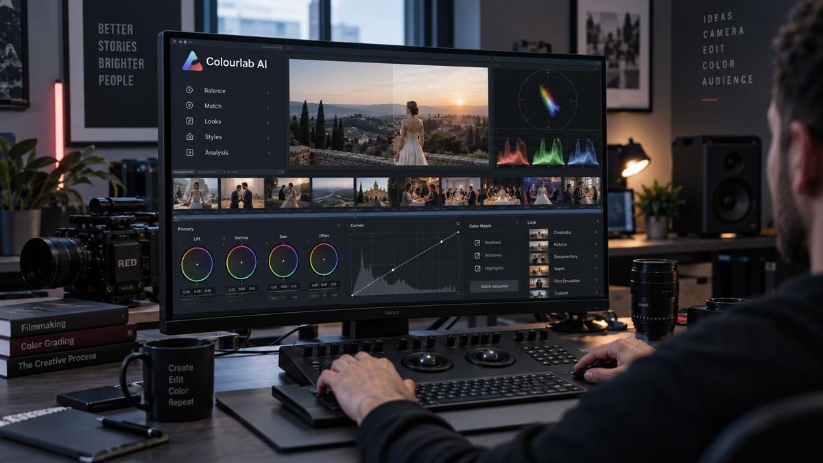 Mai multe cadre video comparate pentru corectarea și potrivirea culorilor într-un workflow de color grading