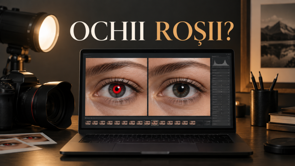 Aparat foto și portret cu efect de ochi roșii produs de bliț într-o încăpere întunecată