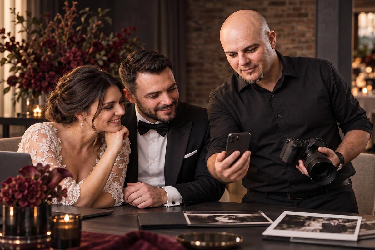 Fabian Răducan le prezintă mirilor fotografii de nuntă pe telefon