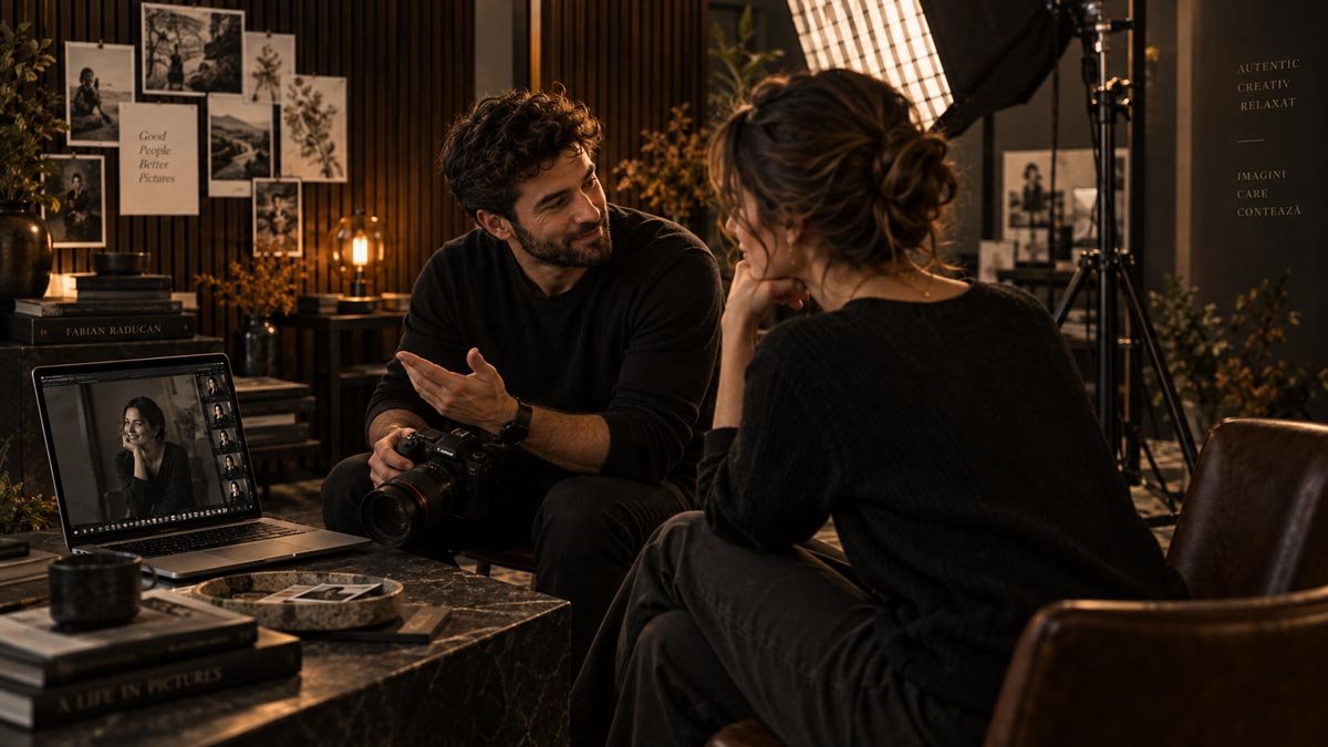 Fotograf care comunică cu persoana fotografiată în timpul unei ședințe de portret