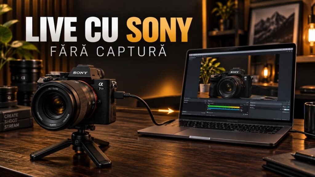 Cameră Sony conectată prin USB la un computer cu OBS pentru utilizare ca webcam fără placă de captură.